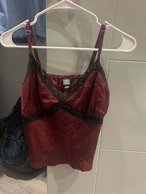 Wine Satin Lace-Trim Cami